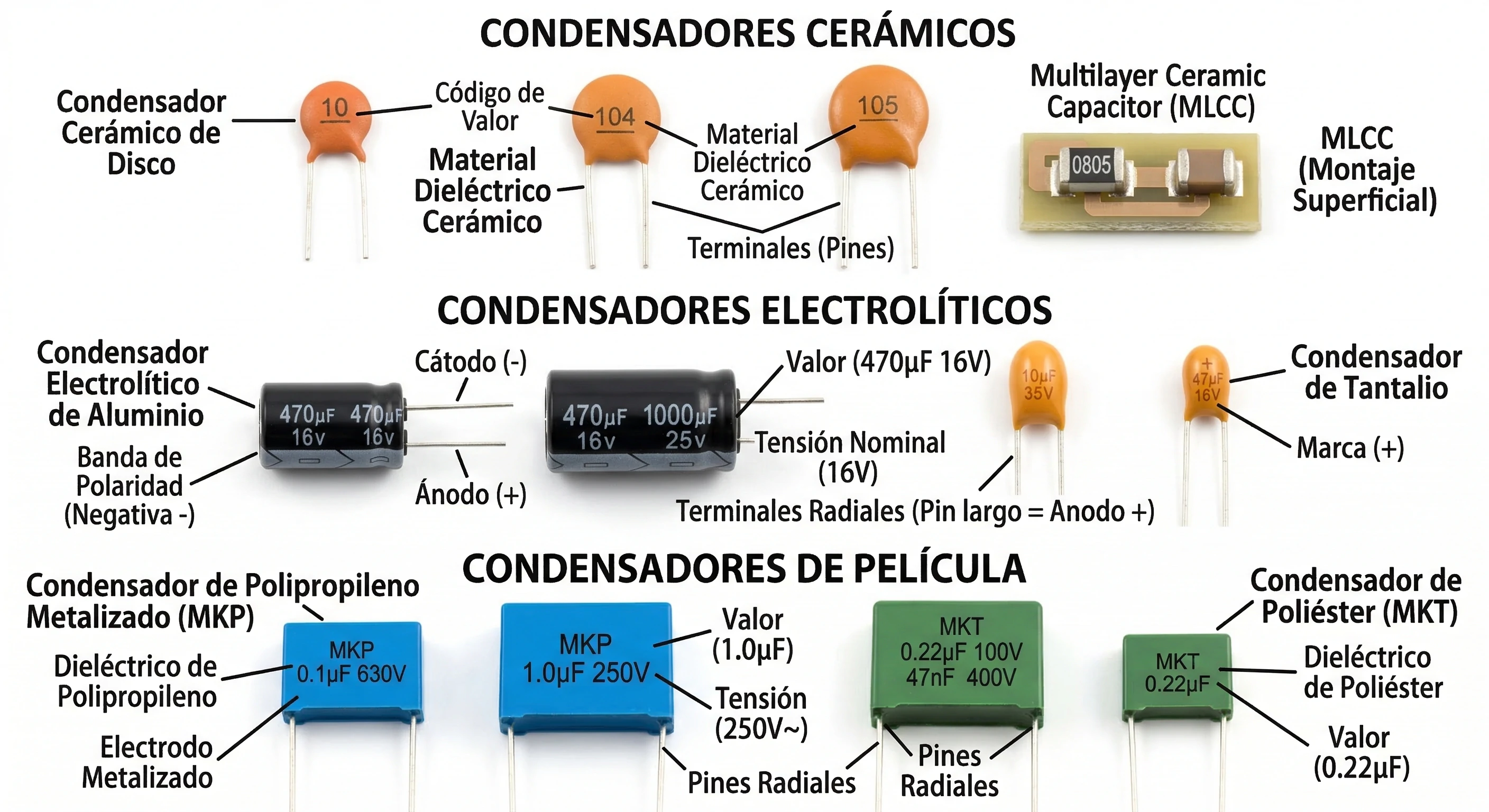 Diferentes tipos de condensadores utilizados en electrónica incluyendo cerámicos y electrolíticos